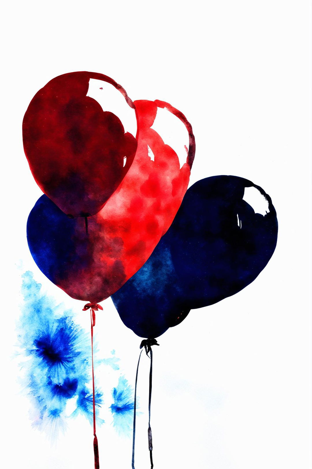 This is a stunning watercolor painting of red and black balloons floating in a clear, blue sky