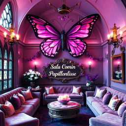 A stunning common room for 'Papillonlisse' at Beauxbatons, featuring a large, elegant purple butterfly as the central decorative element