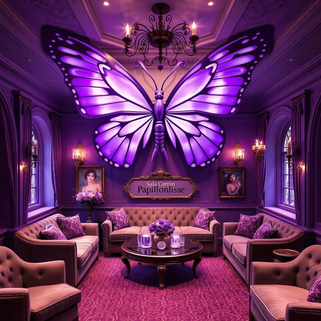 A stunning common room for 'Papillonlisse' at Beauxbatons, featuring a large, elegant purple butterfly as the central decorative element