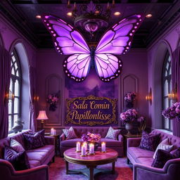 A stunning common room for 'Papillonlisse' at Beauxbatons, featuring a large, elegant purple butterfly as the central decorative element