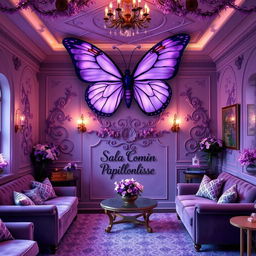 A stunning common room for 'Papillonlisse' at Beauxbatons, featuring a large, elegant purple butterfly as the central decorative element