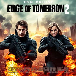 An action-packed movie poster for 'Edge of Tomorrow 2', prominently featuring Tom Cruise and Emily Blunt in cutting-edge futuristic combat gear, showcasing their determined expressions ready for battle