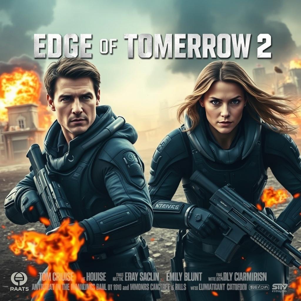 An action-packed movie poster for 'Edge of Tomorrow 2', prominently featuring Tom Cruise and Emily Blunt in cutting-edge futuristic combat gear, showcasing their determined expressions ready for battle