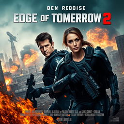 An action-packed movie poster for 'Edge of Tomorrow 2', prominently featuring Tom Cruise and Emily Blunt in cutting-edge futuristic combat gear, showcasing their determined expressions ready for battle