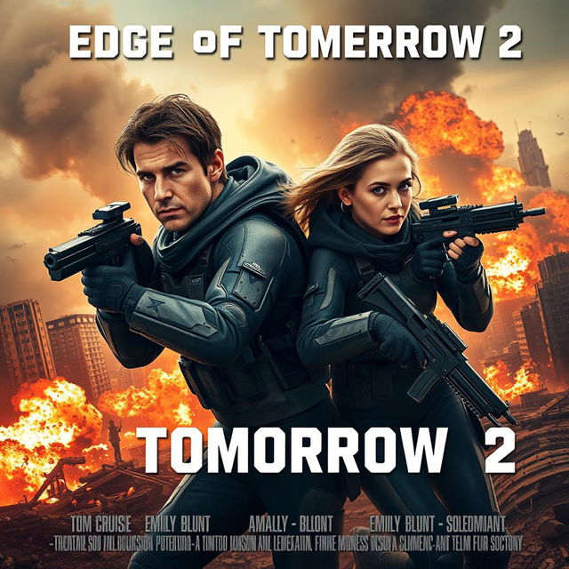 An action-packed movie poster for 'Edge of Tomorrow 2', prominently featuring Tom Cruise and Emily Blunt in cutting-edge futuristic combat gear, showcasing their determined expressions ready for battle