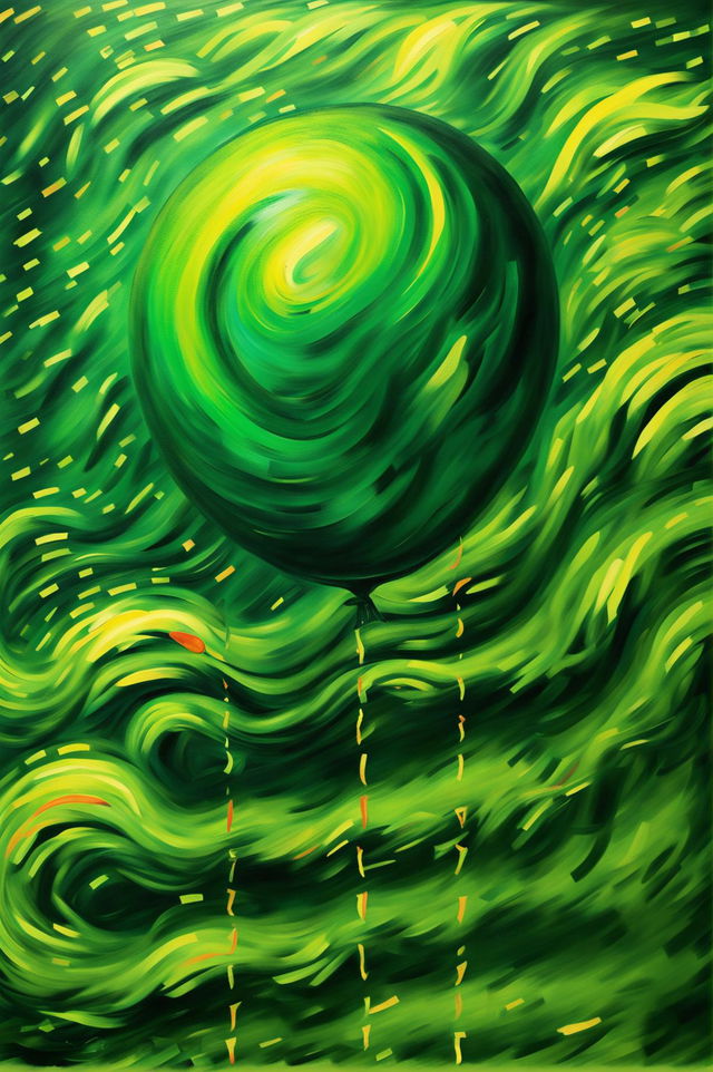 A Van Gogh-inspired drawing featuring a vibrant green balloon against a backdrop reminiscent of 'Starry Night', with swirling clouds and twinkling stars