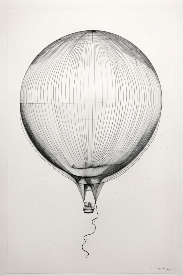 A ballpoint pen drawing featuring a white balloon, intricately rendered with precise lines and subtle shading against a blank backdrop