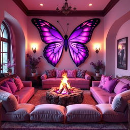 A cozy and magical common room featuring a stunning large purple butterfly as a central decorative element