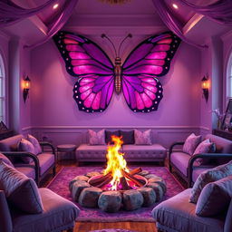A cozy and magical common room featuring a stunning large purple butterfly as a central decorative element