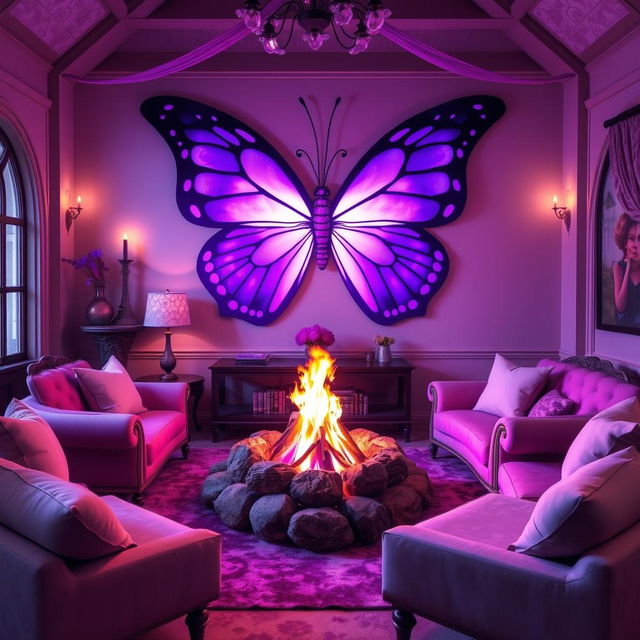 A cozy and magical common room featuring a stunning large purple butterfly as a central decorative element