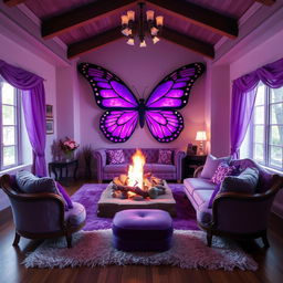 A cozy and magical common room featuring a stunning large purple butterfly as a central decorative element