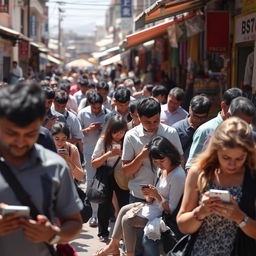 A crowded street in a small town filled with people immersed in their mobile phones