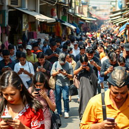 A crowded street in a small town filled with people immersed in their mobile phones