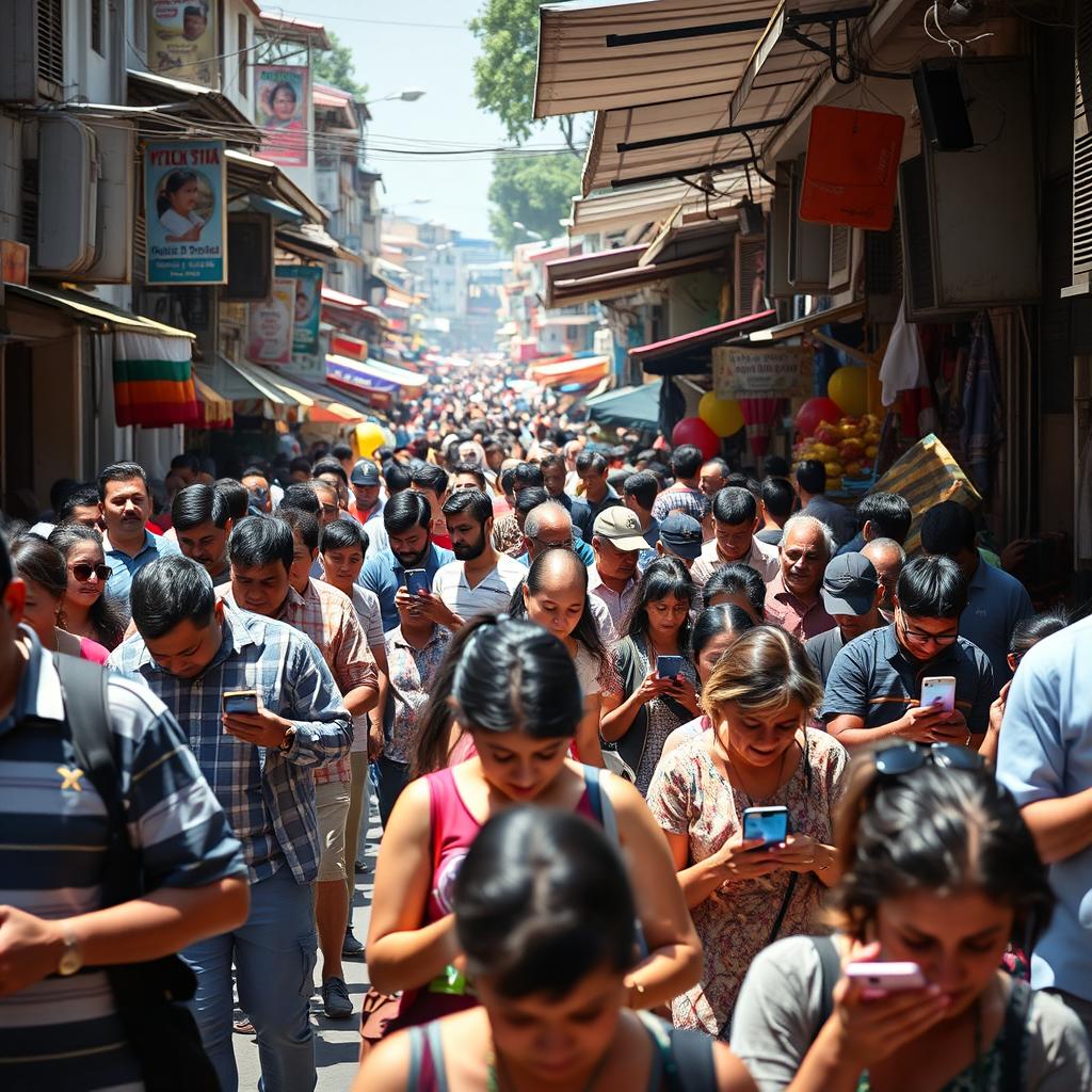 A crowded street in a small town filled with people immersed in their mobile phones