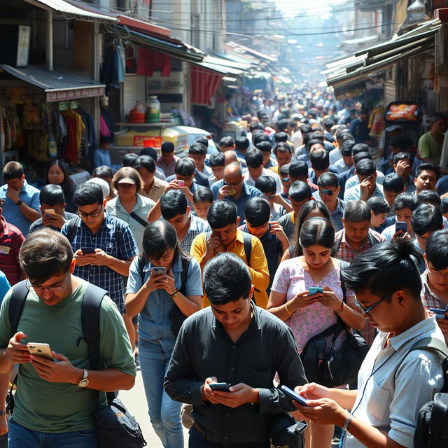 A crowded street in a small town filled with people immersed in their mobile phones