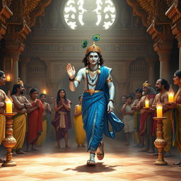 A powerful scene depicting Lord Krishna gracefully departing from the Raj Sabha of Hastinapura