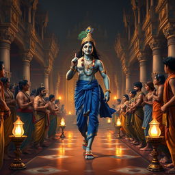 A powerful scene depicting Lord Krishna gracefully departing from the Raj Sabha of Hastinapura