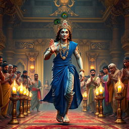 A powerful scene depicting Lord Krishna gracefully departing from the Raj Sabha of Hastinapura