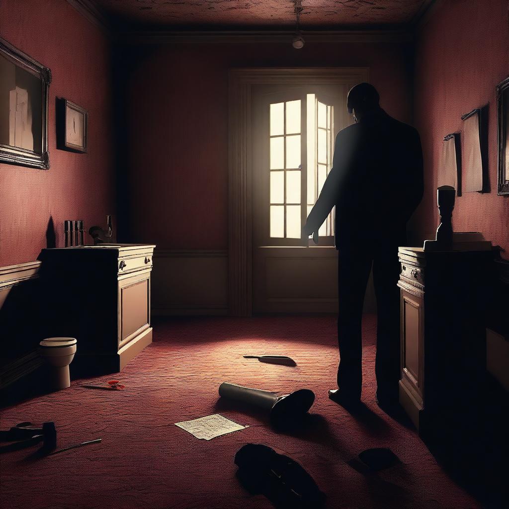 A digital art image depicting a suspense-filled murder mystery scene