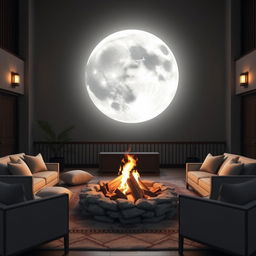 A tranquil common room featuring a striking full gray moon as the central focal point, casting a gentle glow throughout the space