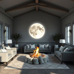 A tranquil common room featuring a striking full gray moon as the central focal point, casting a gentle glow throughout the space