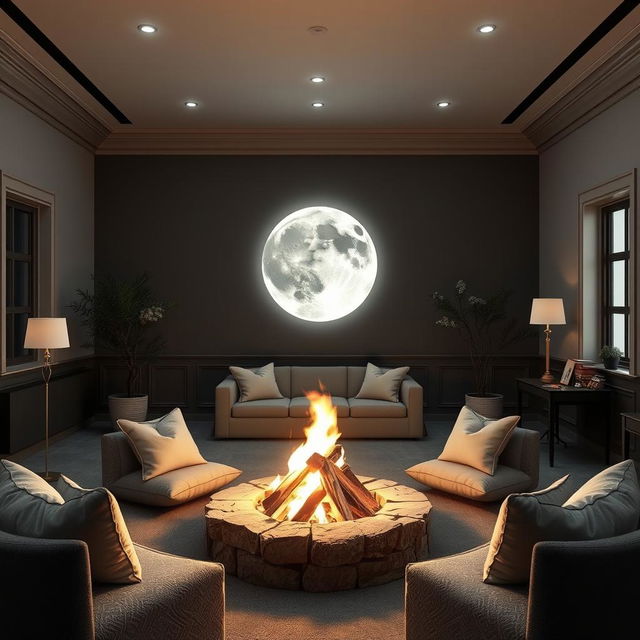 A tranquil common room featuring a striking full gray moon as the central focal point, casting a gentle glow throughout the space