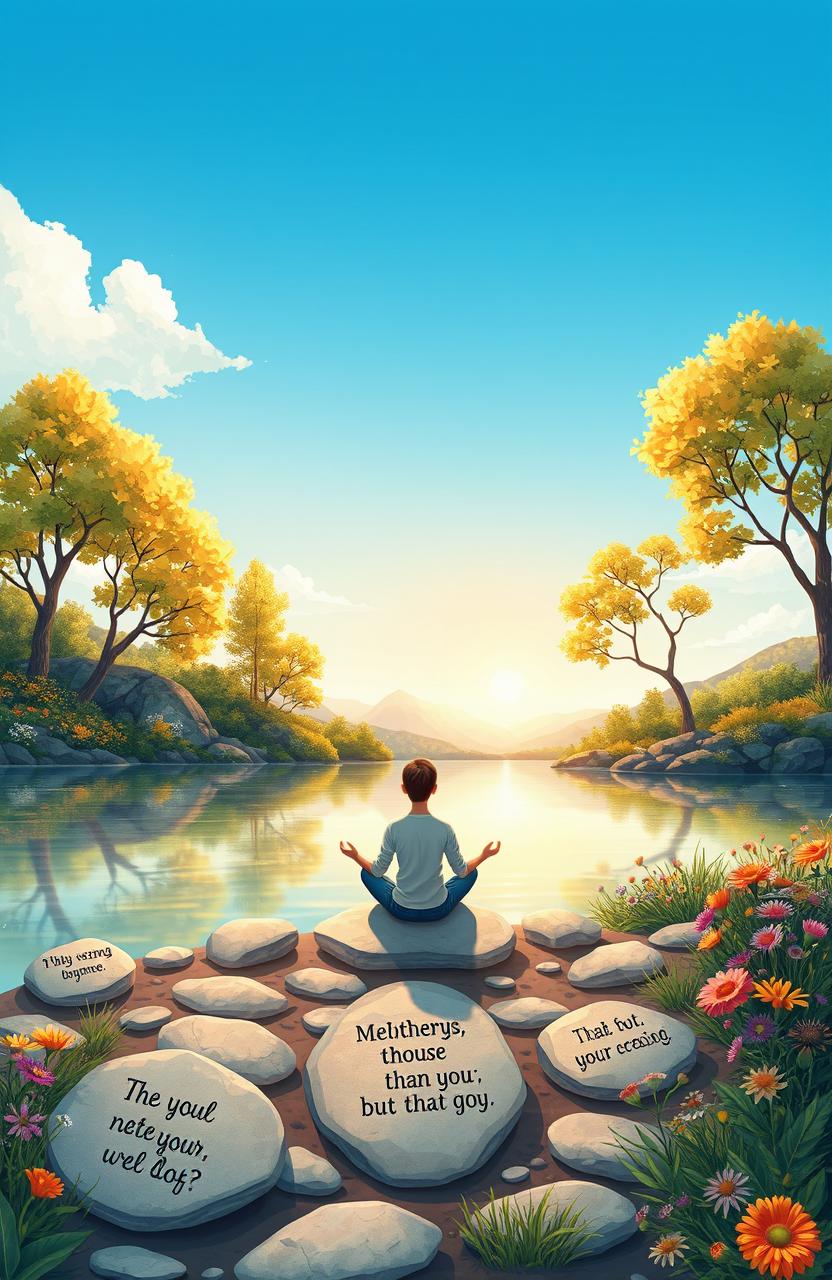 An illustrative depiction of mental health concepts, showcasing a serene environment with elements such as a peaceful landscape, soft golden sunlight, inspirational quotes on stones, a tranquil person meditating by a calm lake, surrounded by nature