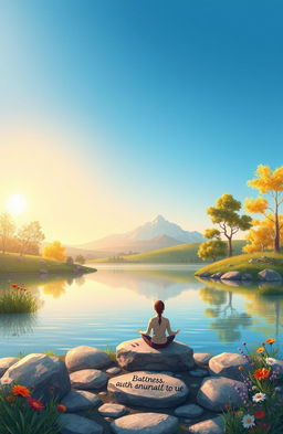 An illustrative depiction of mental health concepts, showcasing a serene environment with elements such as a peaceful landscape, soft golden sunlight, inspirational quotes on stones, a tranquil person meditating by a calm lake, surrounded by nature