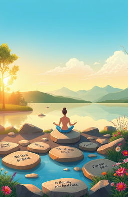 An illustrative depiction of mental health concepts, showcasing a serene environment with elements such as a peaceful landscape, soft golden sunlight, inspirational quotes on stones, a tranquil person meditating by a calm lake, surrounded by nature