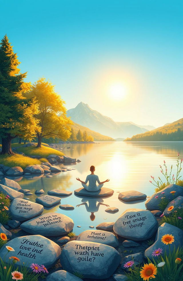 An illustrative depiction of mental health concepts, showcasing a serene environment with elements such as a peaceful landscape, soft golden sunlight, inspirational quotes on stones, a tranquil person meditating by a calm lake, surrounded by nature