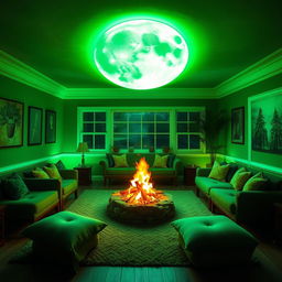 A captivating common room illuminated by a vibrant full green moon that casts a magical glow across the space