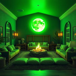 A captivating common room illuminated by a vibrant full green moon that casts a magical glow across the space