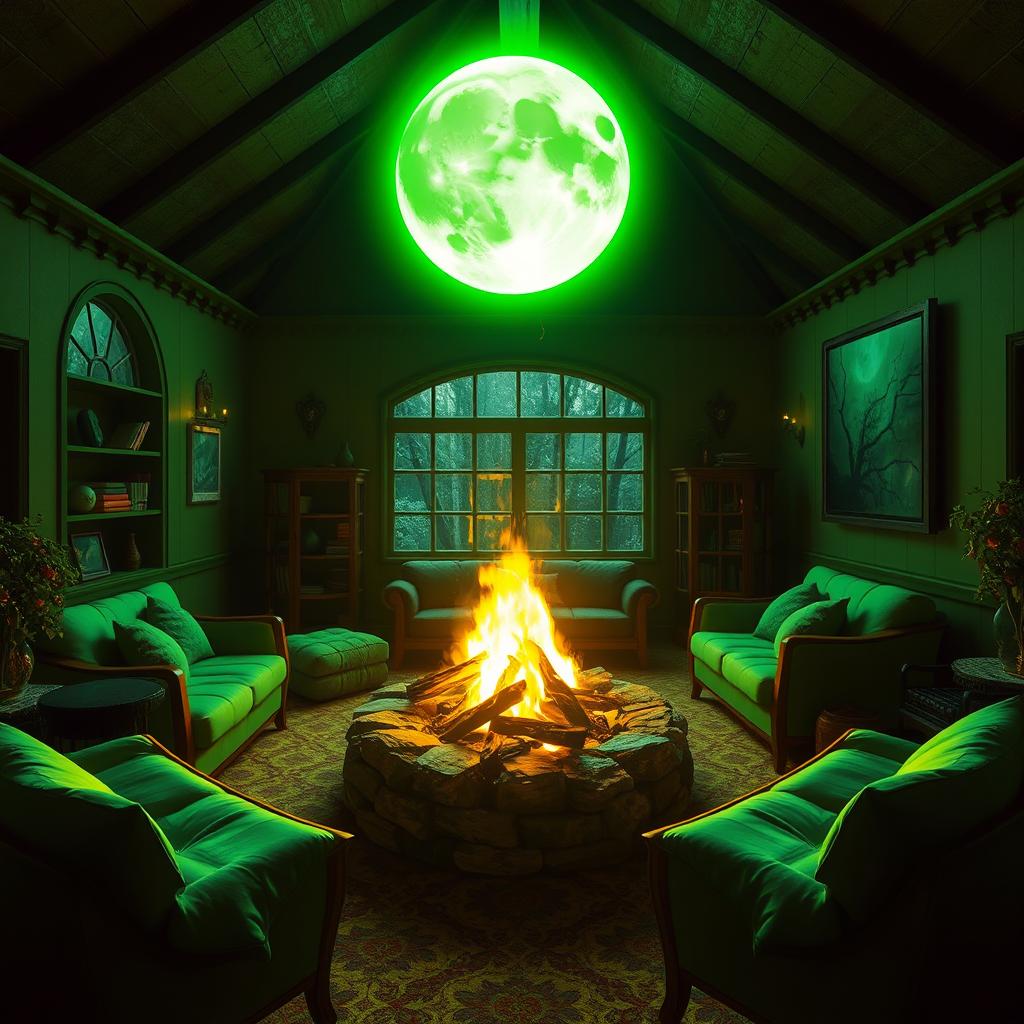 A captivating common room illuminated by a vibrant full green moon that casts a magical glow across the space