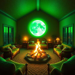 A captivating common room illuminated by a vibrant full green moon that casts a magical glow across the space