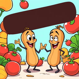 A playful and humorous cartoon illustration depicting two anthropomorphic peanut characters in a light-hearted, cheeky interaction