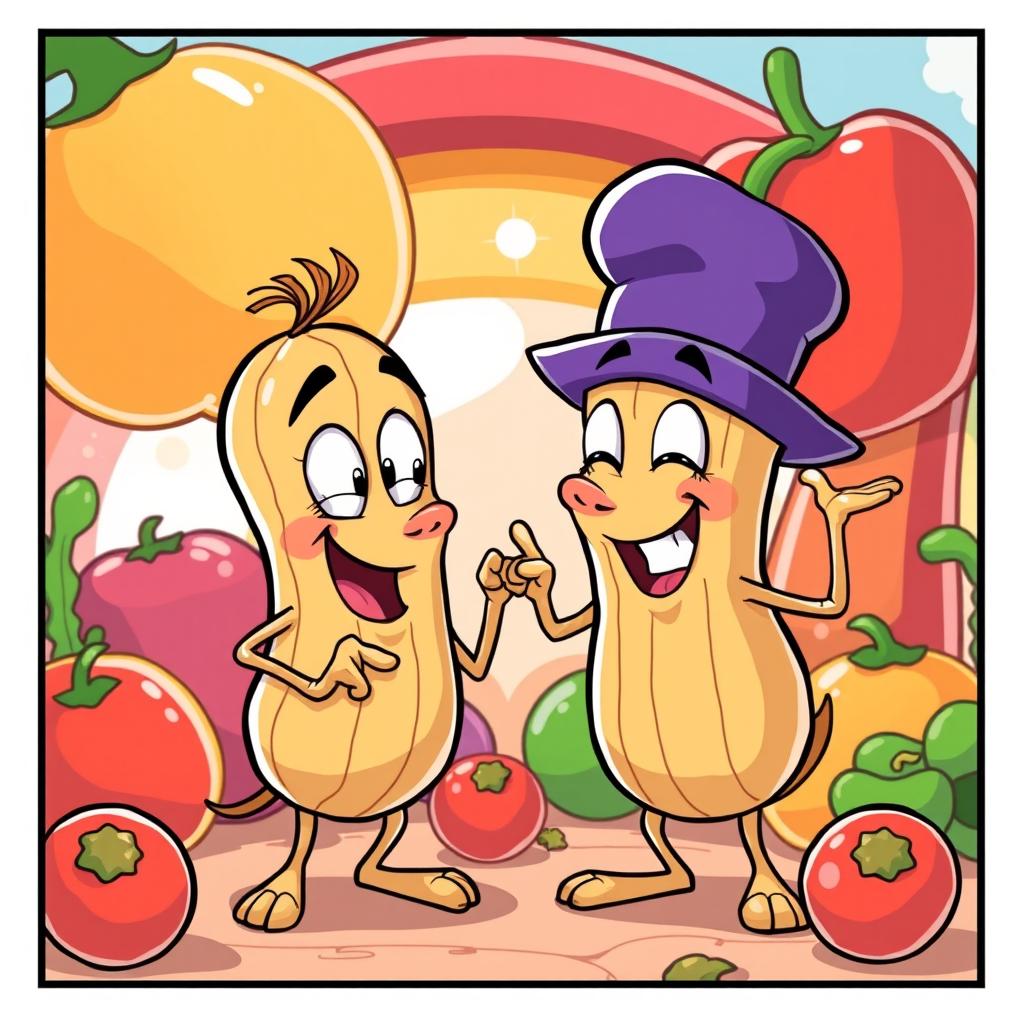 A playful and humorous cartoon illustration depicting two anthropomorphic peanut characters in a light-hearted, cheeky interaction
