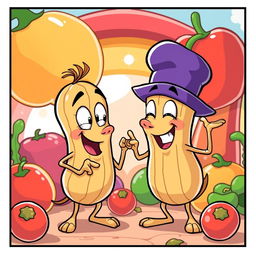 A playful and humorous cartoon illustration depicting two anthropomorphic peanut characters in a light-hearted, cheeky interaction