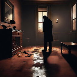 A digital art image depicting a suspense-filled murder mystery scene