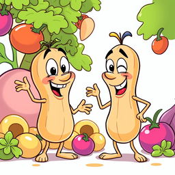 A playful and humorous cartoon illustration depicting two anthropomorphic peanut characters in a light-hearted, cheeky interaction