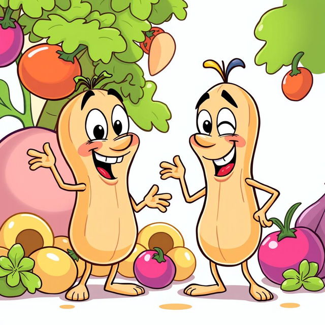 A playful and humorous cartoon illustration depicting two anthropomorphic peanut characters in a light-hearted, cheeky interaction