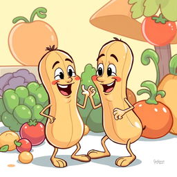 A playful and humorous cartoon illustration depicting two anthropomorphic peanut characters in a light-hearted, cheeky interaction
