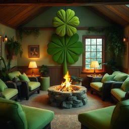 A charming common room adorned with a large, vibrant green clover as a focal point