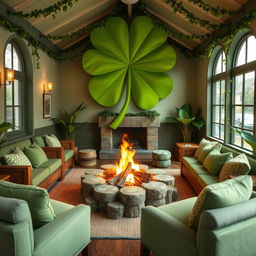 A charming common room adorned with a large, vibrant green clover as a focal point
