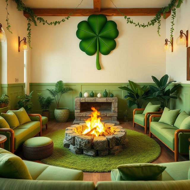 A charming common room adorned with a large, vibrant green clover as a focal point