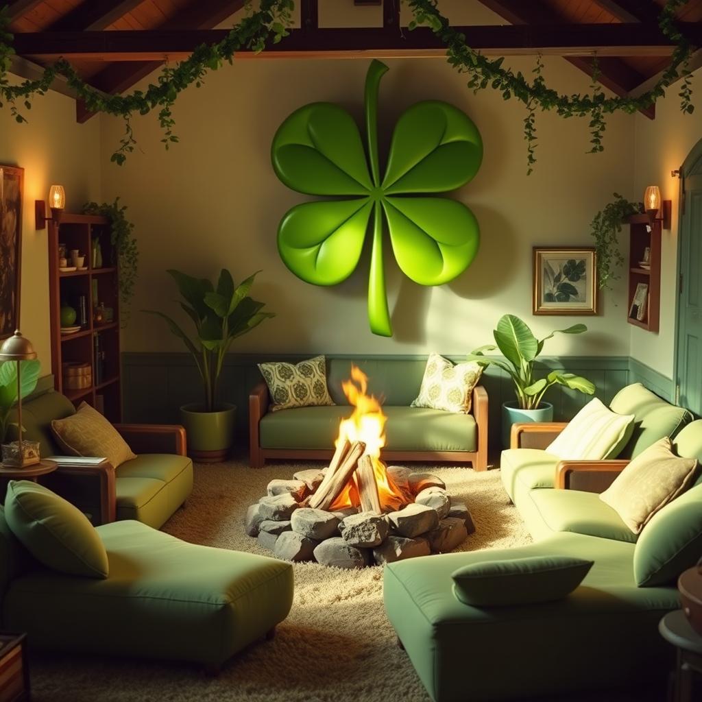 A charming common room adorned with a large, vibrant green clover as a focal point