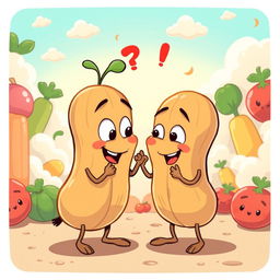 A whimsical and humorous cartoon-style illustration depicting two anthropomorphic peanut characters in a playful interaction, creating a light-hearted and cheeky atmosphere