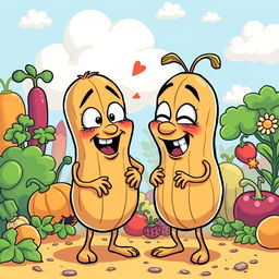 A whimsical and humorous cartoon-style illustration depicting two anthropomorphic peanut characters in a playful interaction, creating a light-hearted and cheeky atmosphere