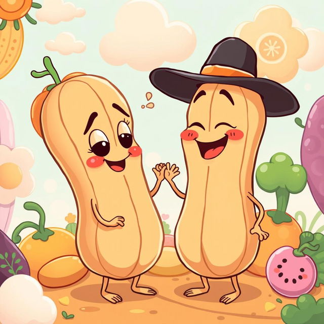 A whimsical and humorous cartoon-style illustration depicting two anthropomorphic peanut characters in a playful interaction, creating a light-hearted and cheeky atmosphere