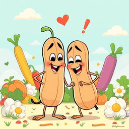 A whimsical and humorous cartoon-style illustration depicting two anthropomorphic peanut characters in a playful interaction, creating a light-hearted and cheeky atmosphere