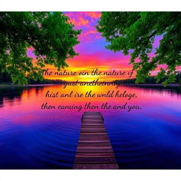 A vibrant and colorful landscape photograph depicting a serene sunset over a calm lake, with lush green trees framing the scene